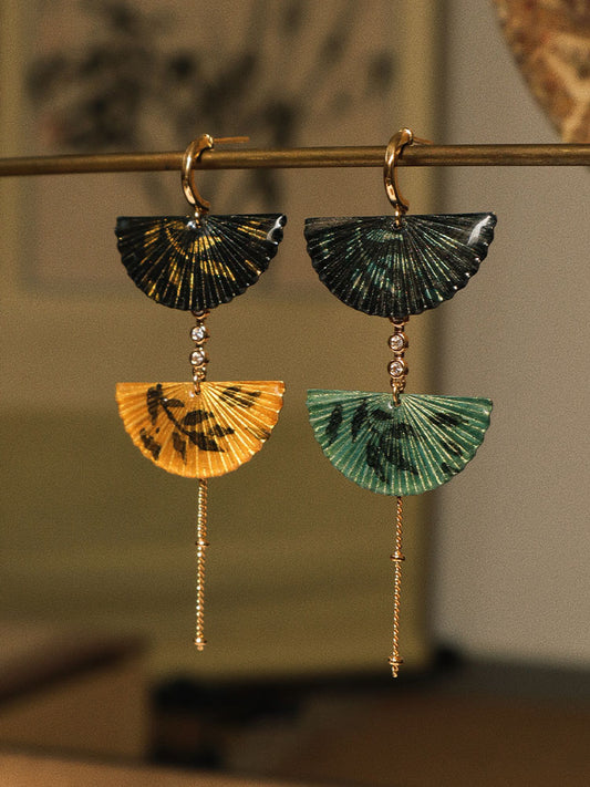Chinese traditional color fan-shaped long earrings, ear clips, elegant earrings gifts
