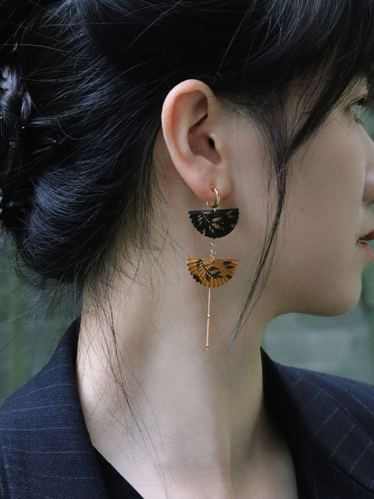 Chinese traditional color fan-shaped long earrings, ear clips, elegant earrings gifts