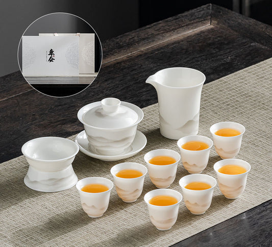Suet-fat jade ink Jiangshan tea set 11-piece set 水墨江山